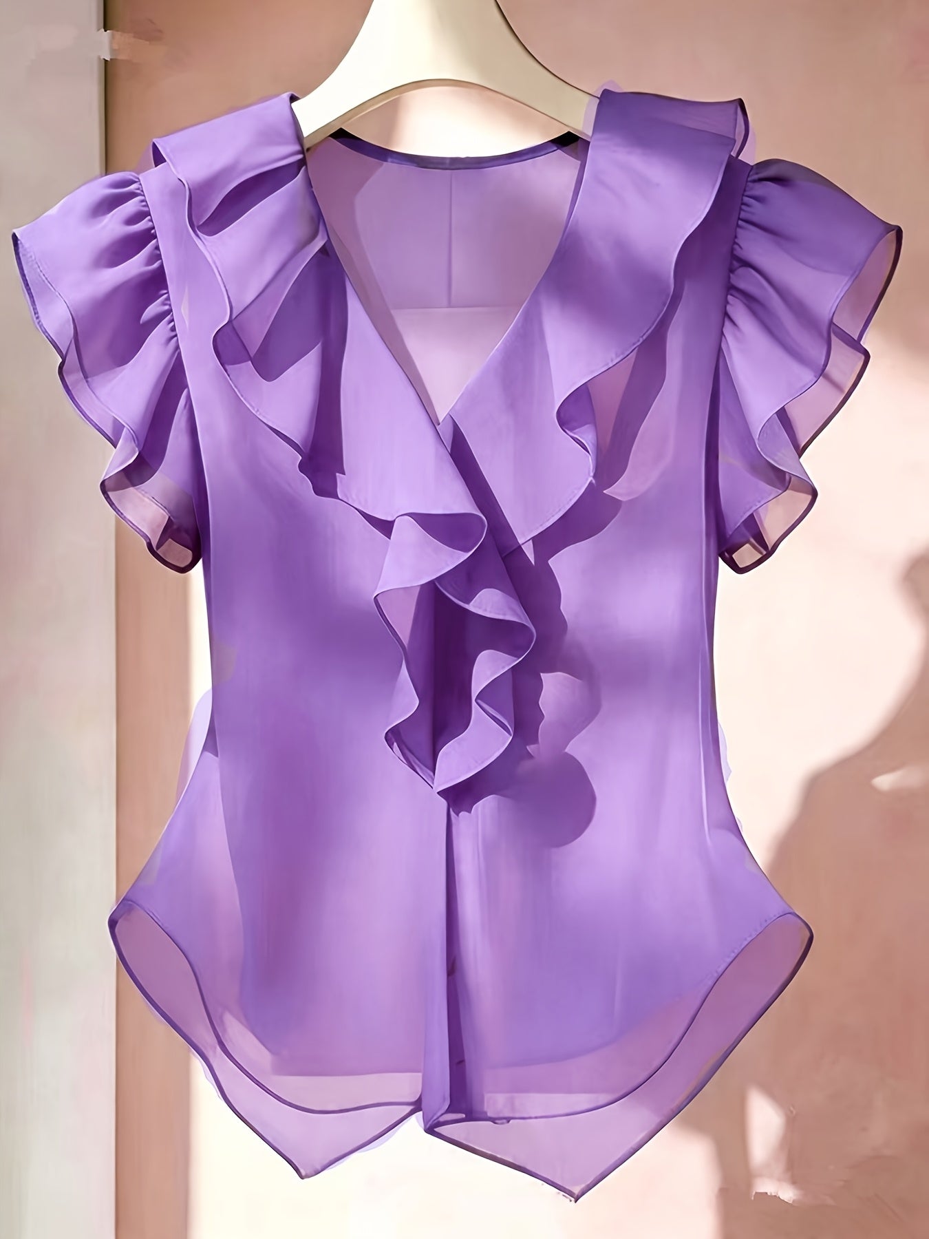 Vaenyra | Damesblouse in Franse stijl van chiffon – effen kleur met ruches en korte mouwen
