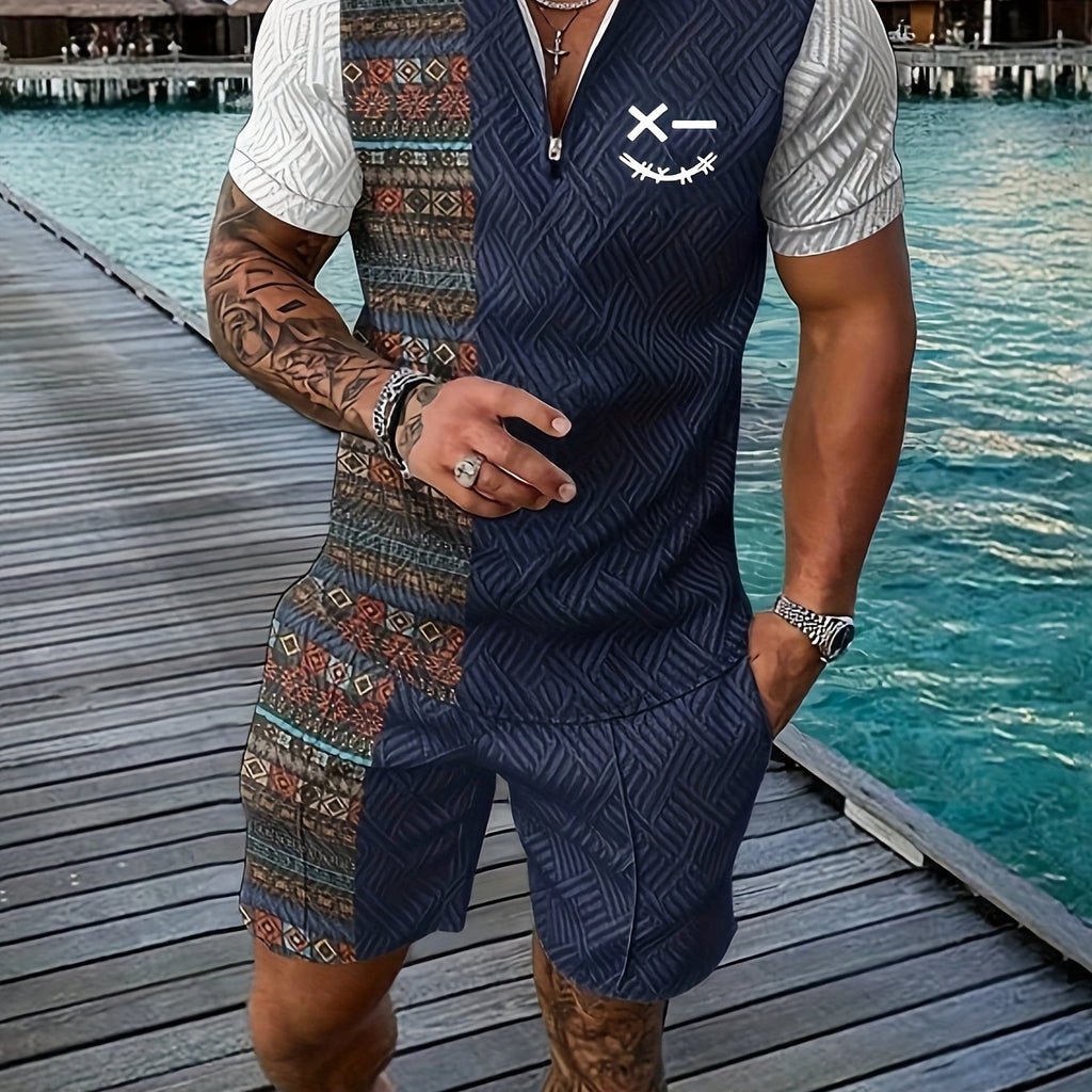 Xylaric | Casual tweedelige set voor heren – T-shirt met reverskraag en korte broek met trekkoord