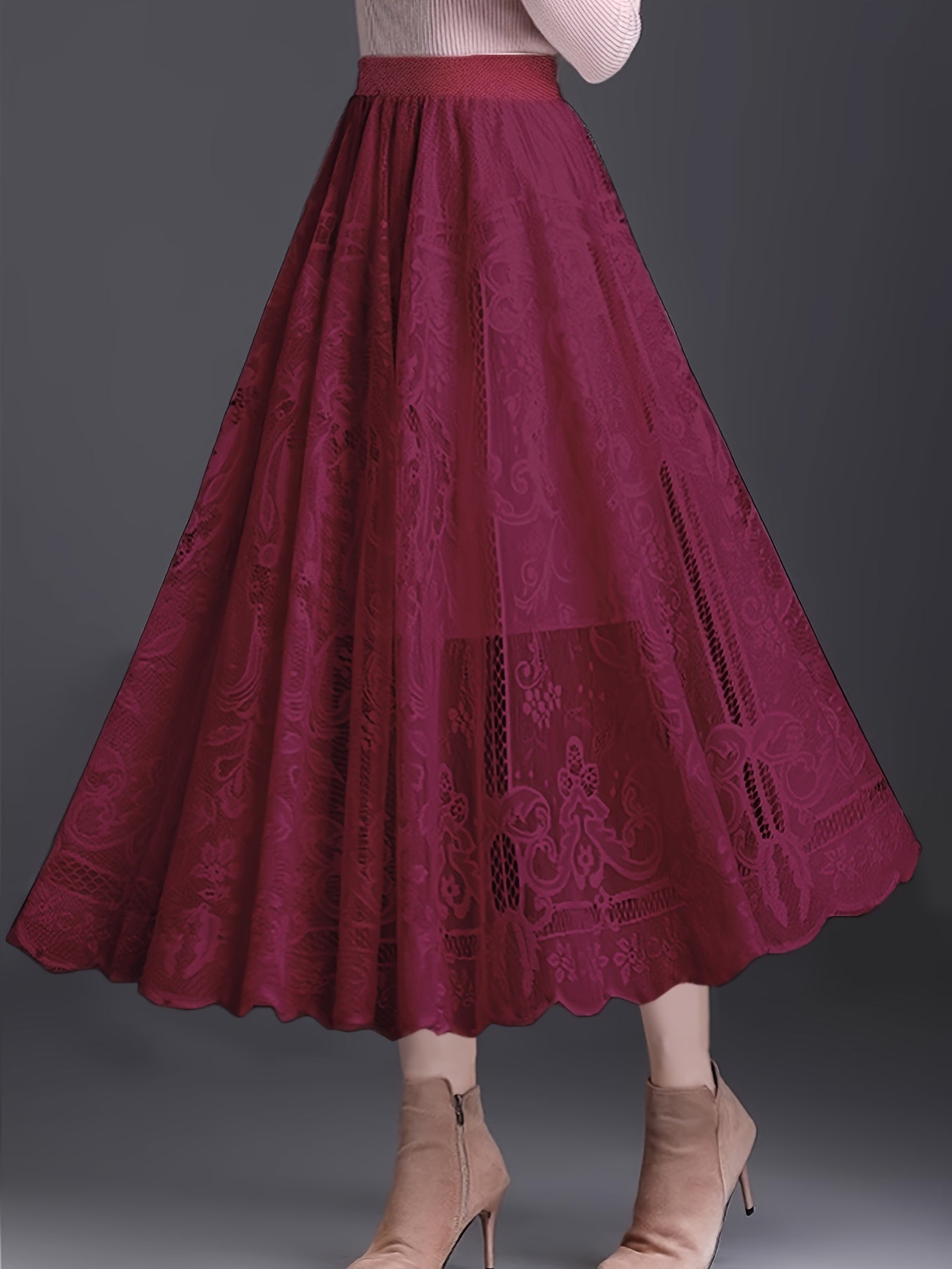 Gisla | Elegante A-lijn rok met kant - holle schulprand, casual midi-rok voor vrouwen