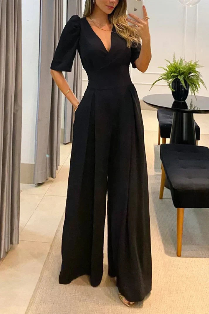 Fenya | Jumpsuit mit weitem Bein und Puffärmeln – Eleganter, formeller Jumpsuit, geeignet fürs Büro und für Partys
