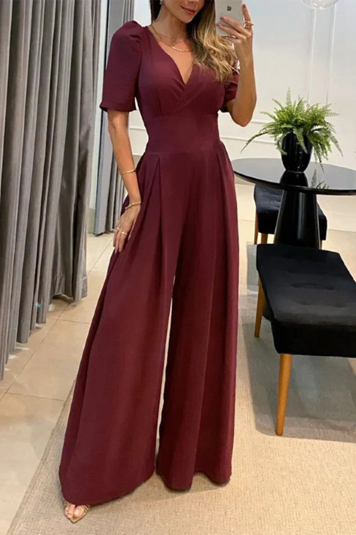 Fenya | Jumpsuit mit weitem Bein und Puffärmeln – Eleganter, formeller Jumpsuit, geeignet fürs Büro und für Partys