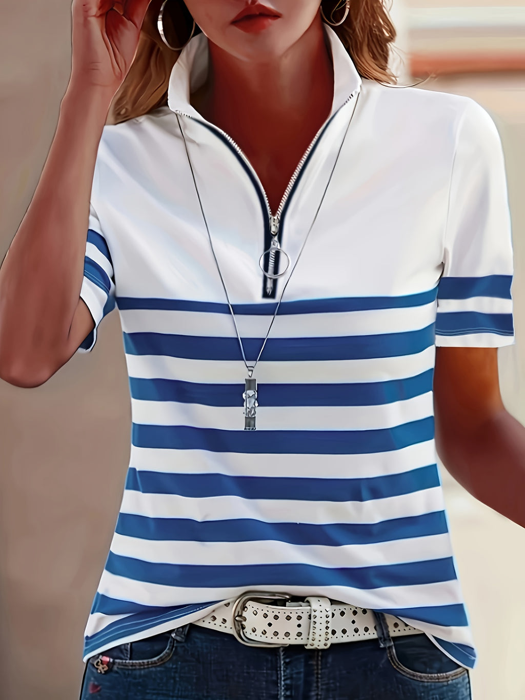 Elanith | Dames Halve Zip Shirt – Korte Mouw, Gestreept, Casual & Sportief Top