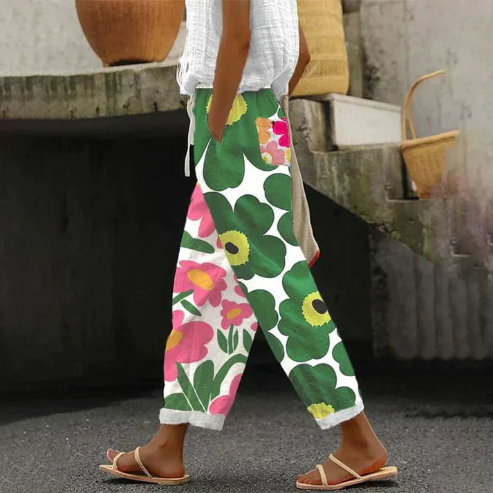 Breanna | Dames groene broek met bloemenprint – casual zomerbroek