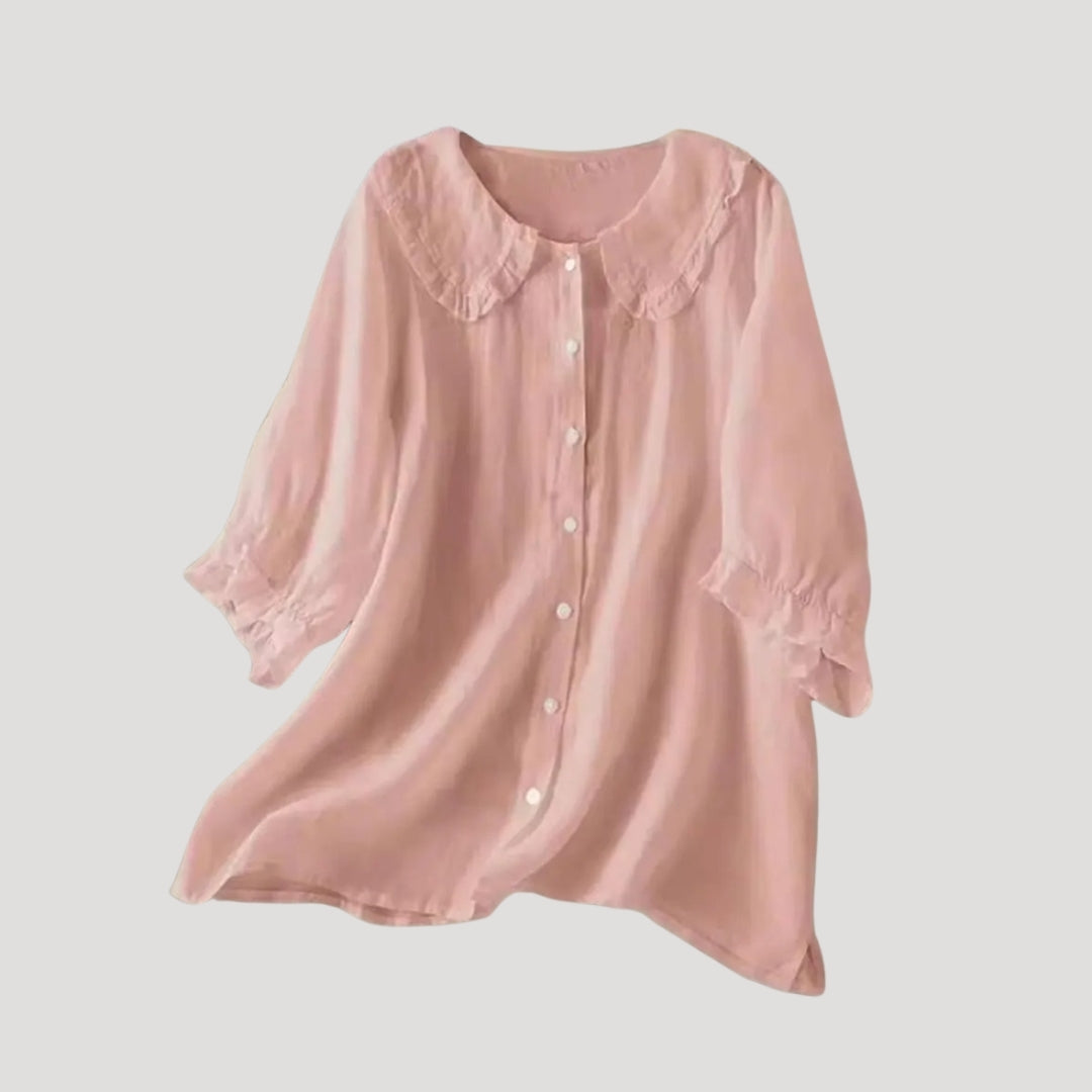 Lirvessa | Damesblouse van linnenmix – Top met lange mouwen en een kraag met ruches