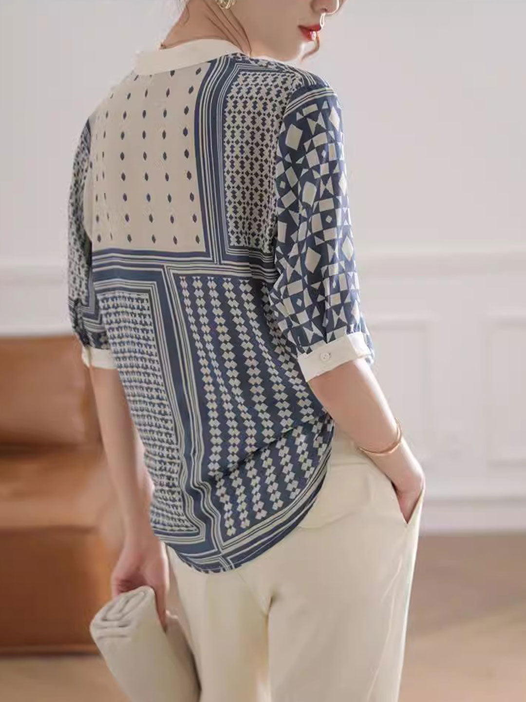 Zulema | Dameshemd met geometrische abstracte print - 3/4 mouwen, lichtgewicht blouse