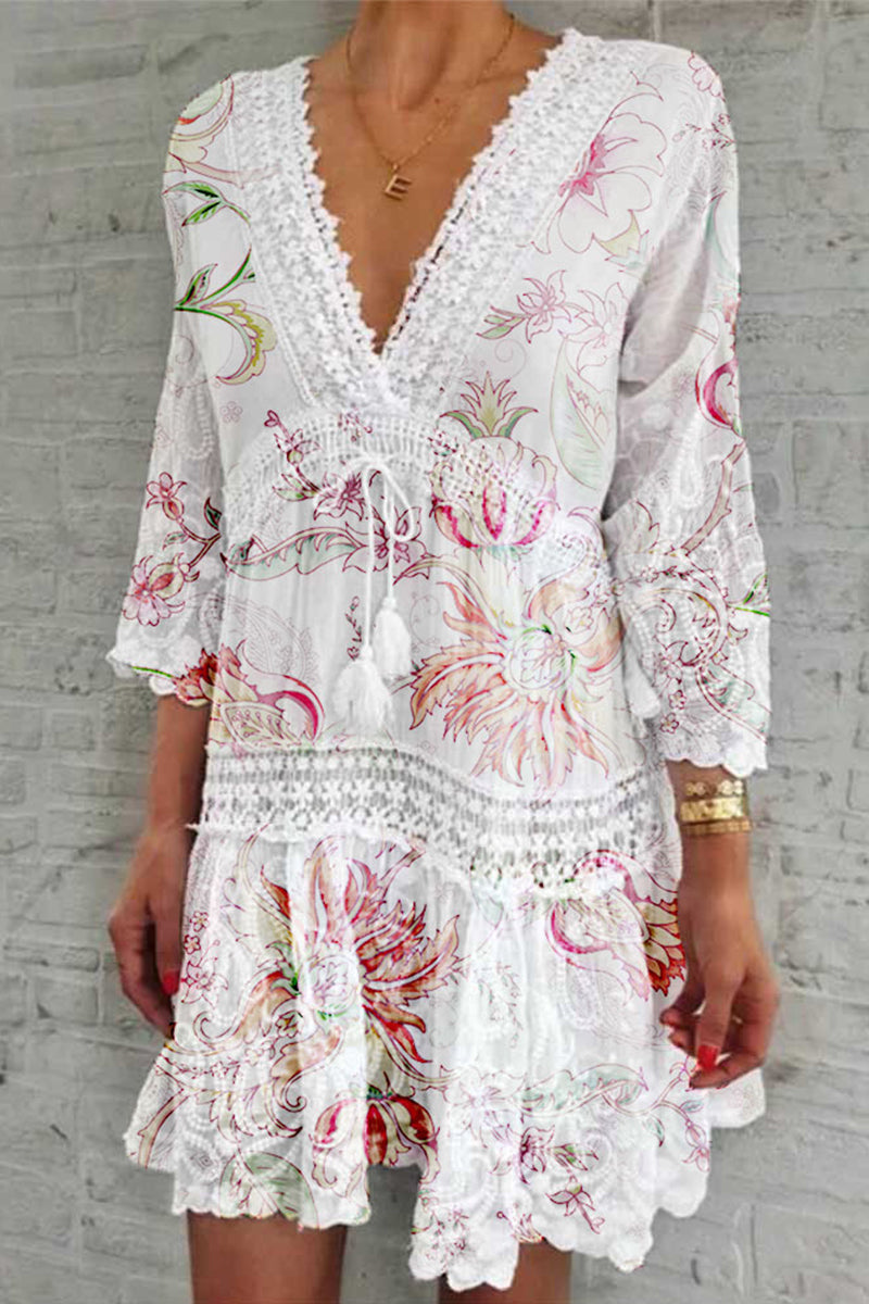 Nyvirelle | Dames midi-jurk met bloemenprint en plooien – V-hals, luchtige zomerjurk