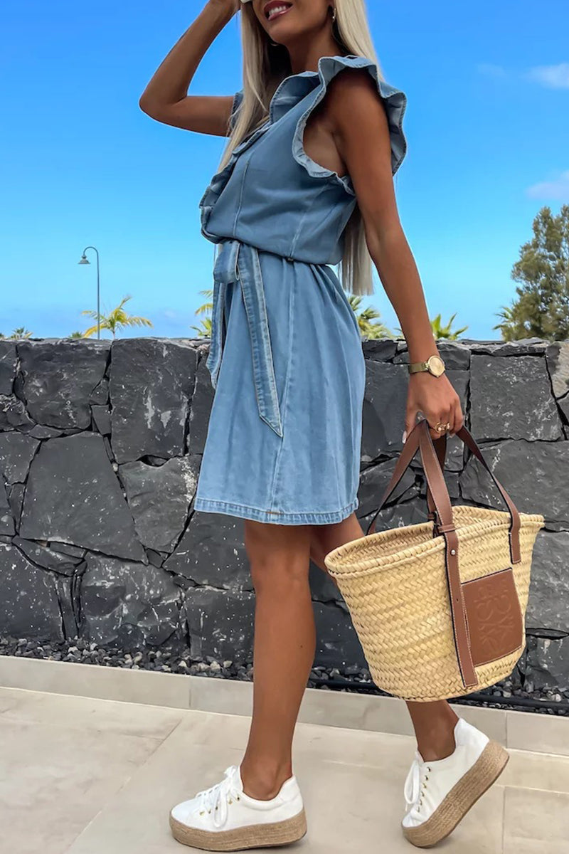 Calayn | Dames denim mini jurk – mouwloze V-hals casual zomerse zwierjurk