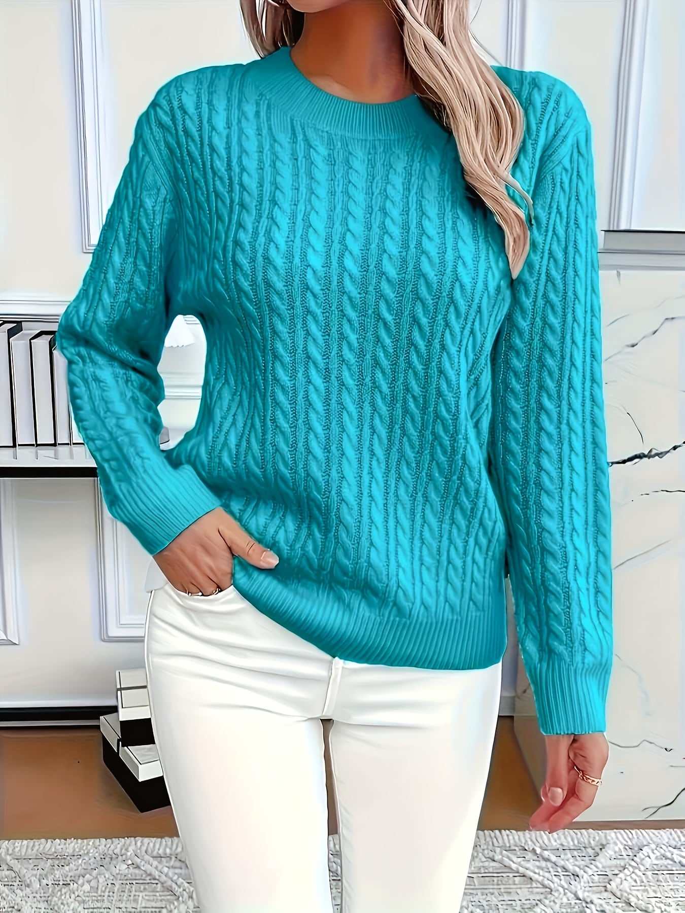 Valeris | Pull en maille torsadée pour femme, col rond – Pull uni élégant, doux et adapté à toutes les saisons