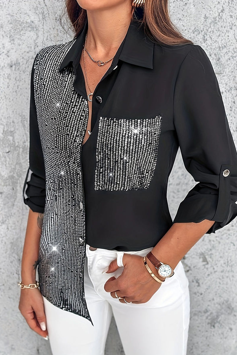 Zora | Casual Paillettenzakje Contrasterende Blouse, Omgeslagen Kraag Top voor Dagelijks Dragen van Vrouwen