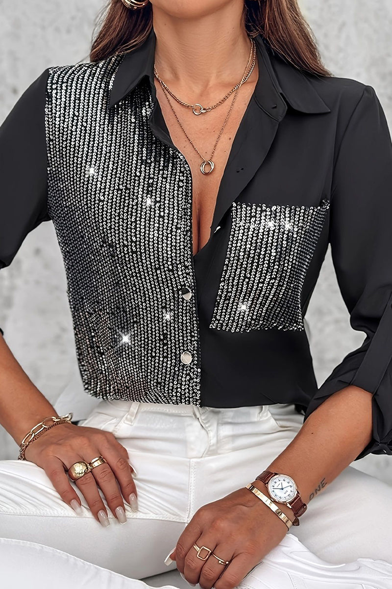 Zora | Casual Paillettenzakje Contrasterende Blouse, Omgeslagen Kraag Top voor Dagelijks Dragen van Vrouwen