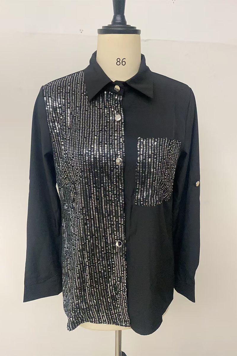 Zora | Casual Paillettenzakje Contrasterende Blouse, Omgeslagen Kraag Top voor Dagelijks Dragen van Vrouwen