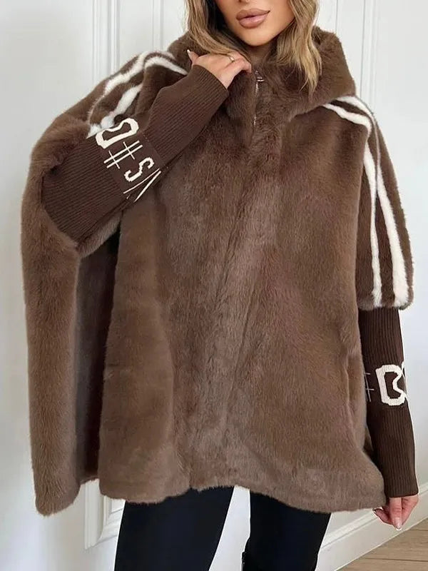 Selira | Manteau oversize à capuche en fausse fourrure et manches tricotées – Manteau d'hiver, chaud et doux