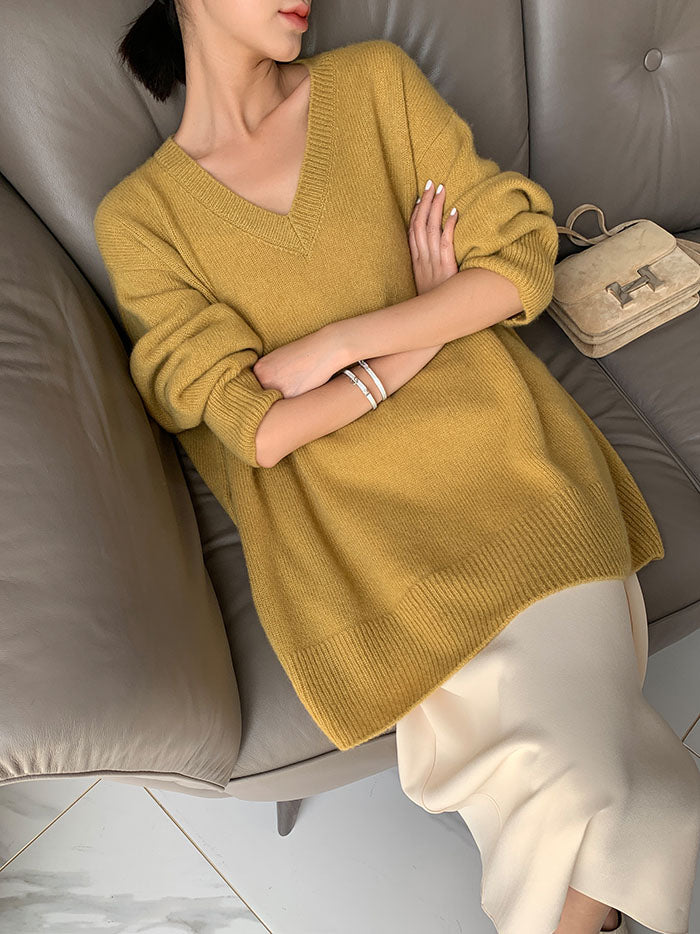 Inger | Pull classique en maille à col V pour femme – Pull ample en cachemire chaud 