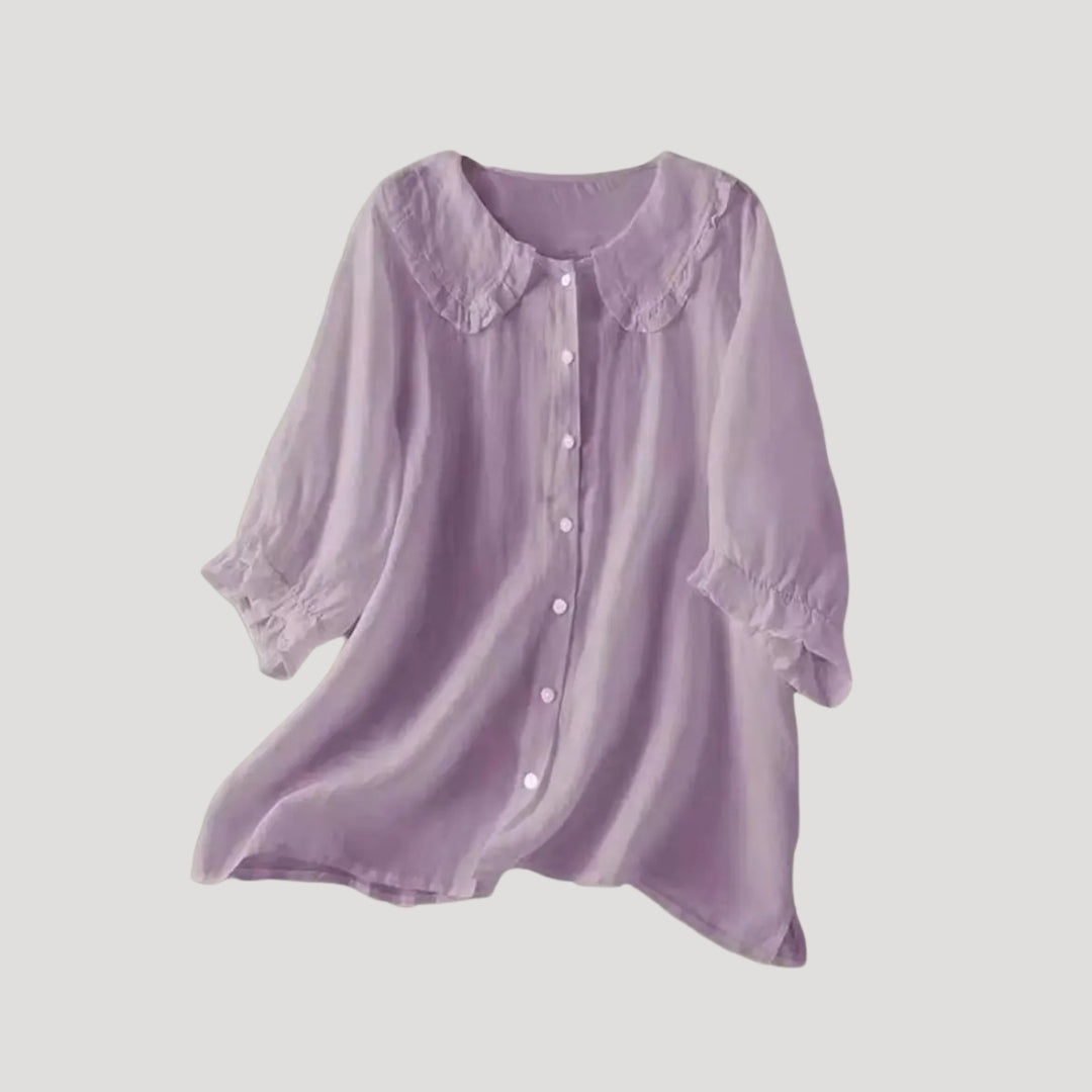 Lirvessa | Damesblouse van linnenmix – Top met lange mouwen en een kraag met ruches