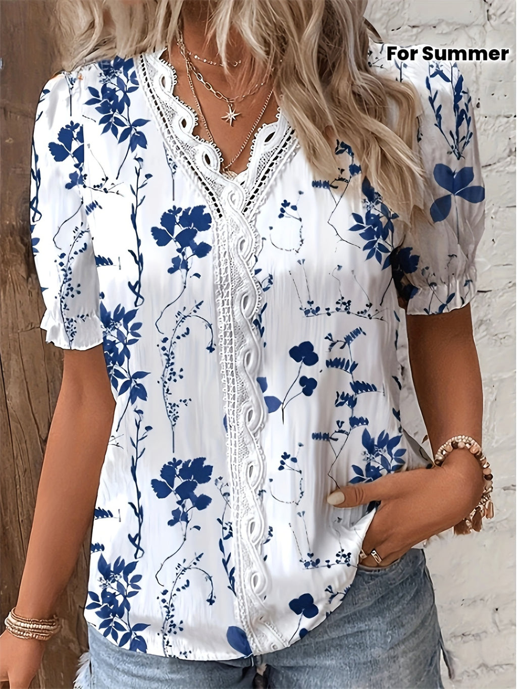 Lysera | Damesblouse met kanten patchwork – Casual lente- en zomerblouse