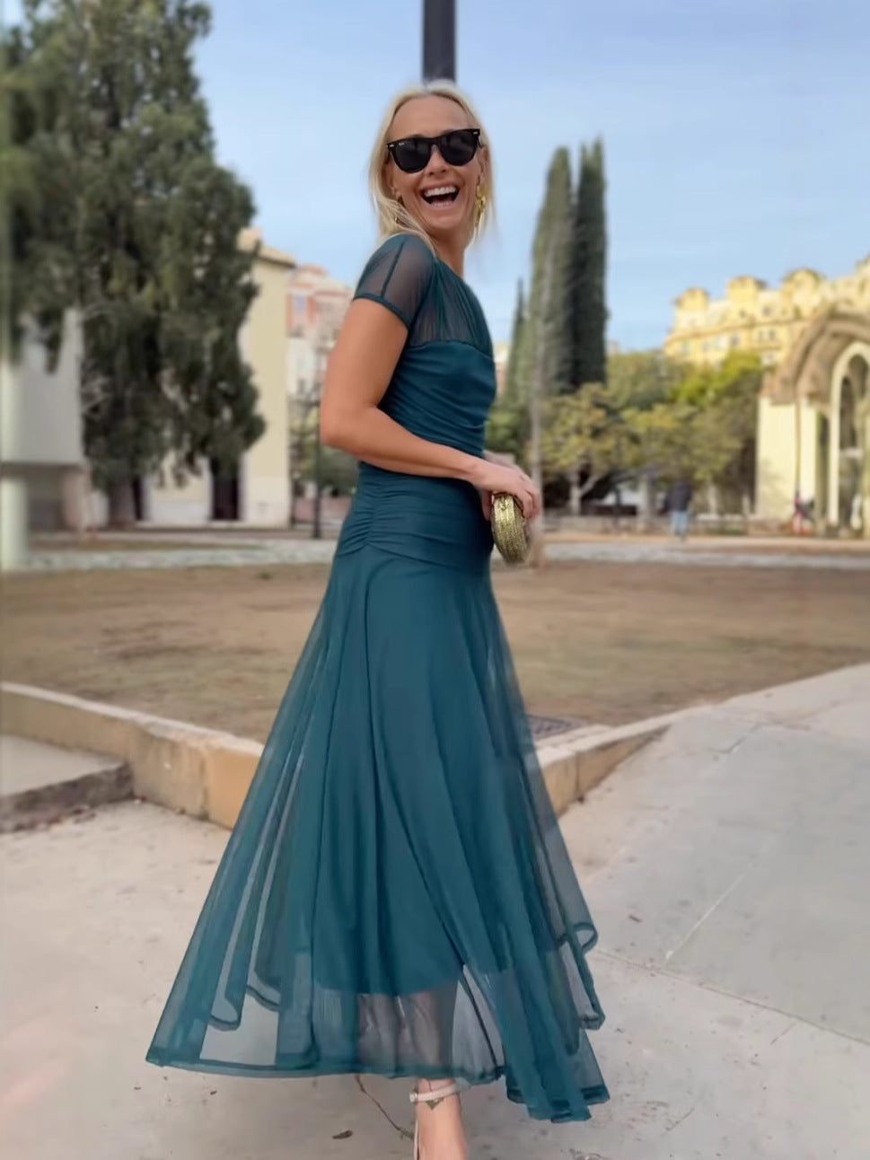 Vaelissey | Chiffonjurk voor dames – Elegante midi-jurk met ronde hals