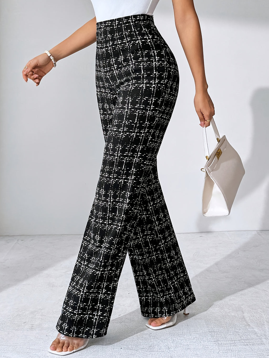Laverna | Pantalon évasé en tweed à carreaux taille haute pour femme – Pantalon décontracté et extensible à jambes larges