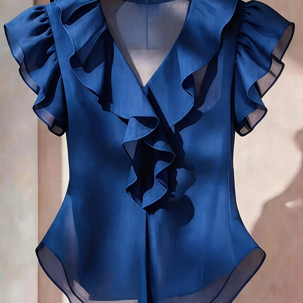 Emia | Dames chiffon blouse met ruches en korte mouwen – Franse stijl top, elegante lichte casual blouse