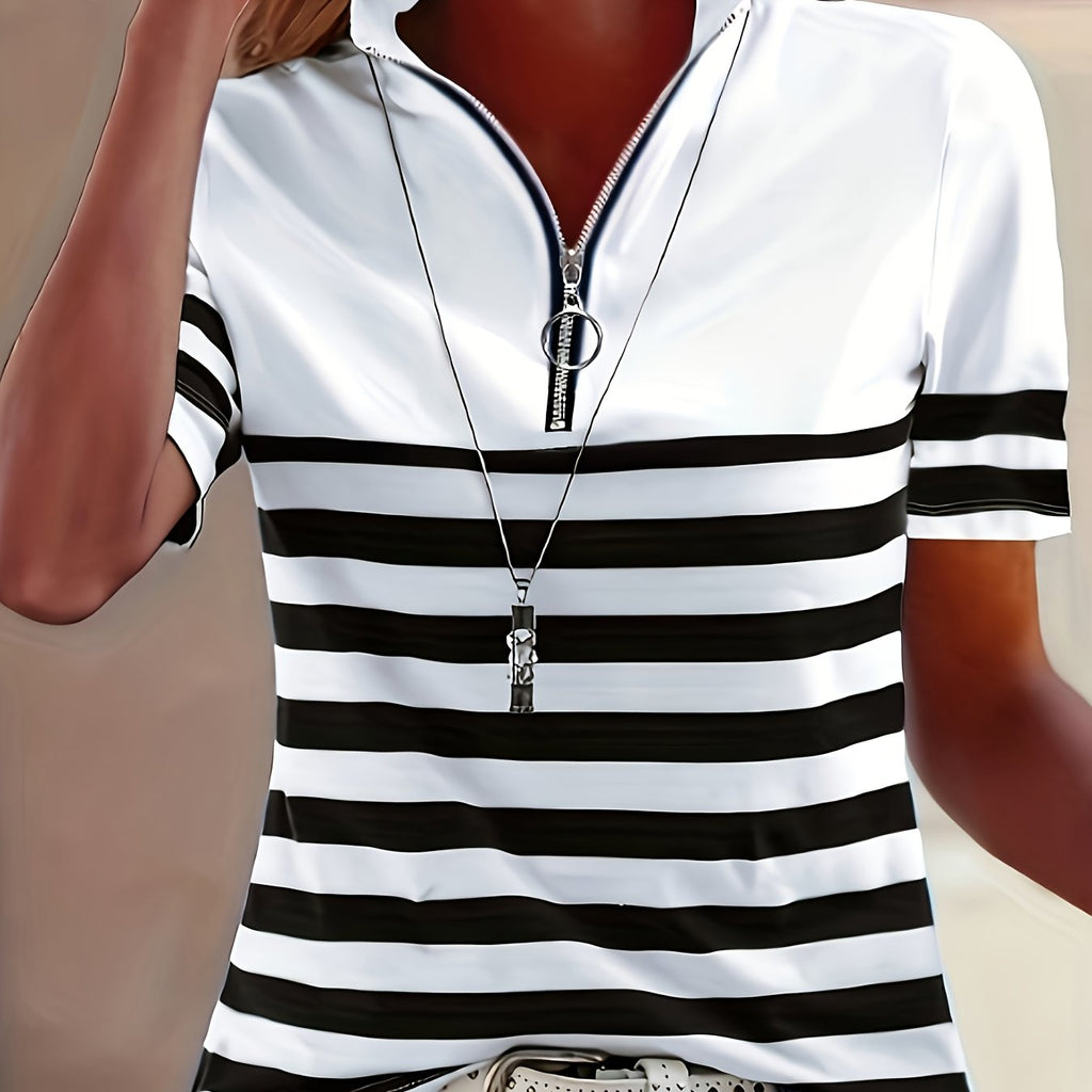 Elanith | Dames Halve Zip Shirt – Korte Mouw, Gestreept, Casual & Sportief Top