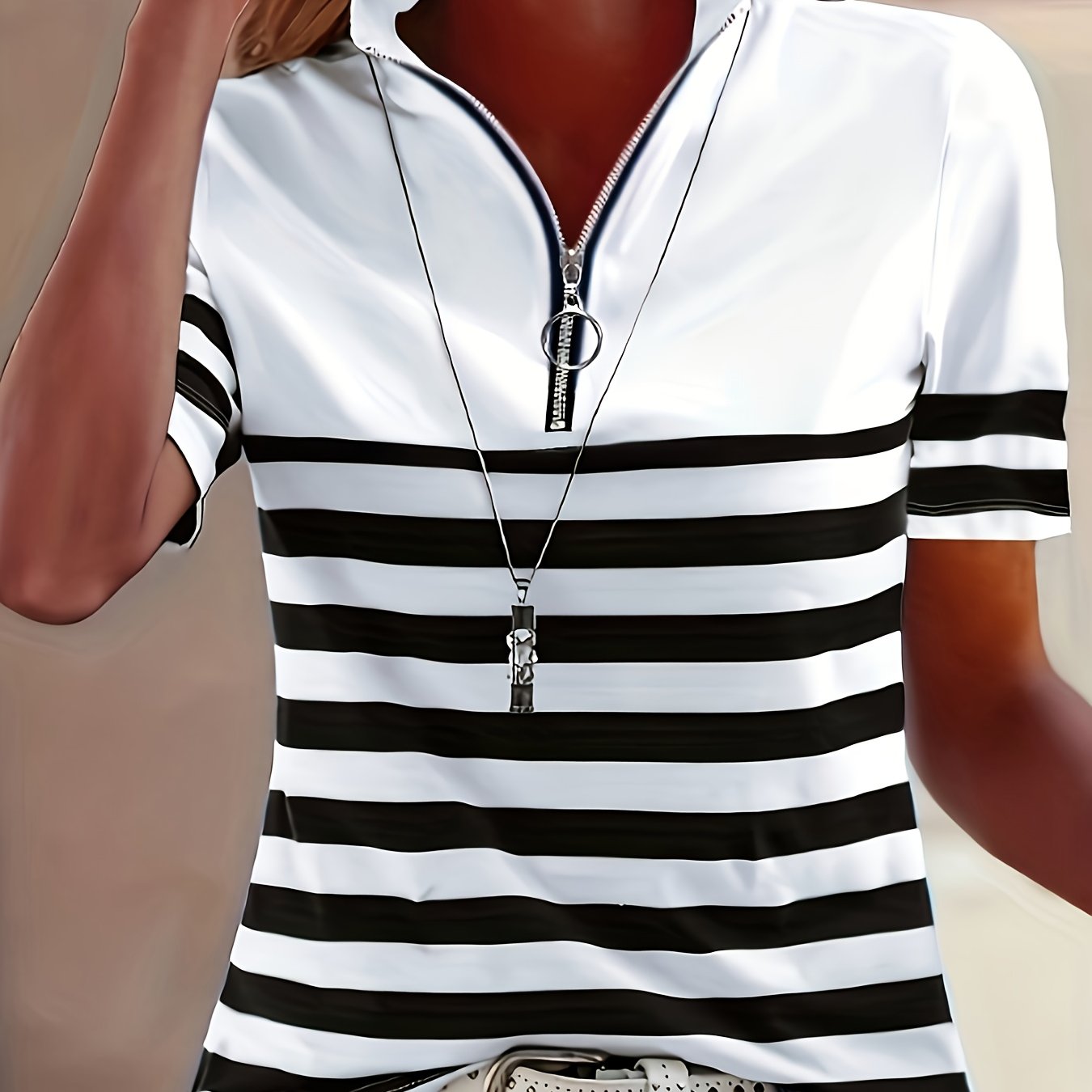 Elanith | Dames Halve Zip Shirt – Korte Mouw, Gestreept, Casual & Sportief Top