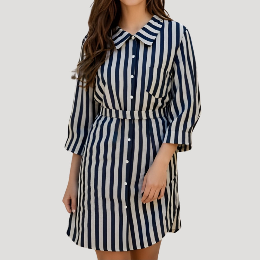 Nysera | Gestreepte Midi Overhemdjurk – Taillering, Casual Zomerjurk met Halflange Mouwen