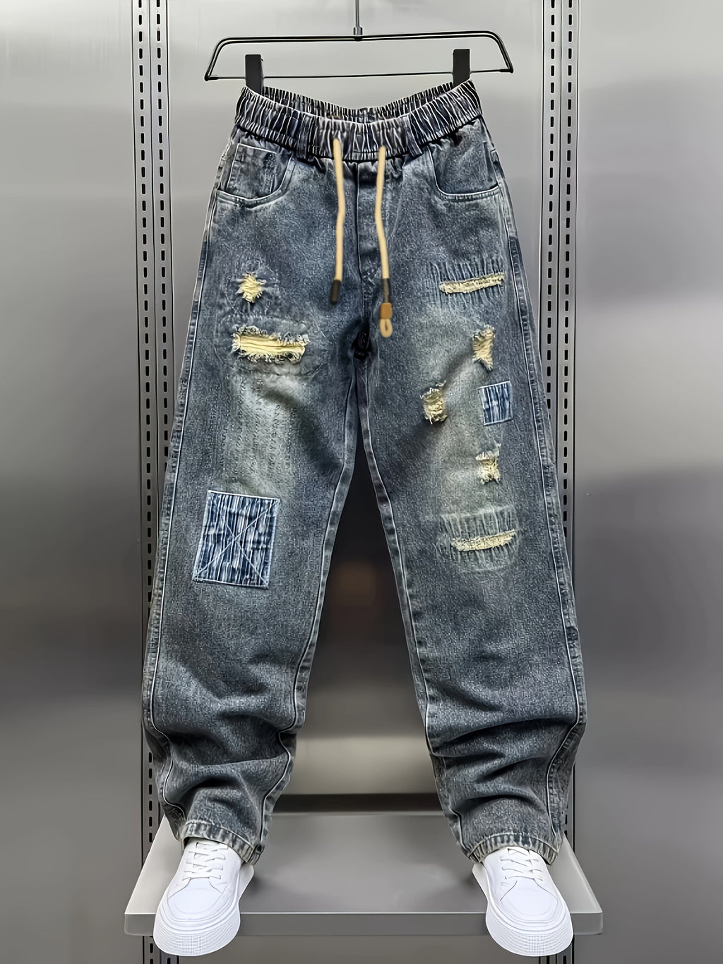 Nyxen | Damesbroek van patchwork-denim in distressed-look