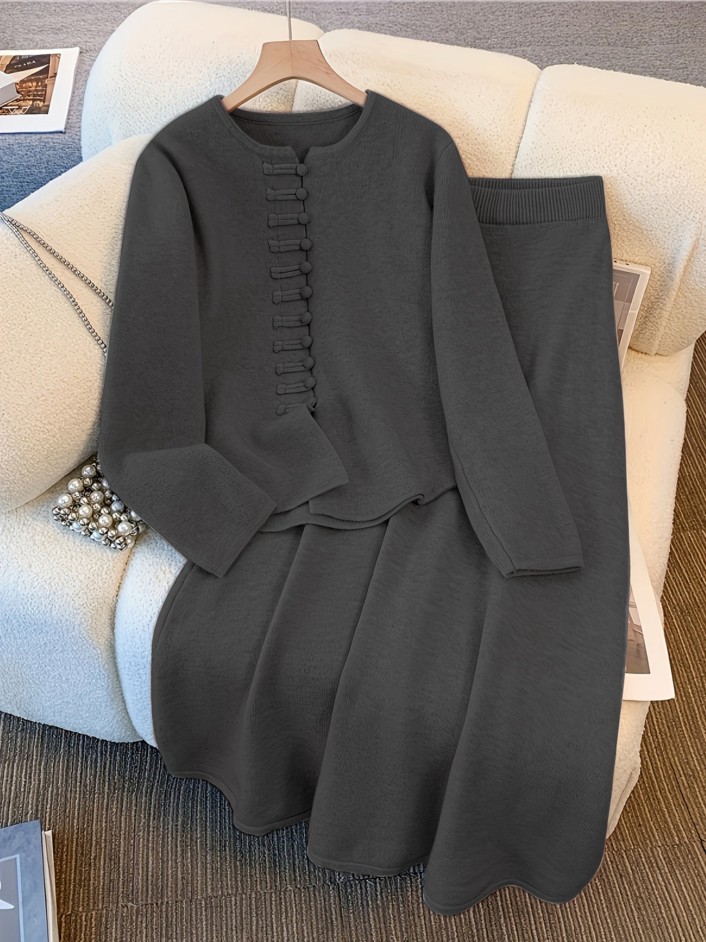 Sylindra | Dames herfst-winter tweedelige set – losse vest-trui en halflange rok met elastische tailleband