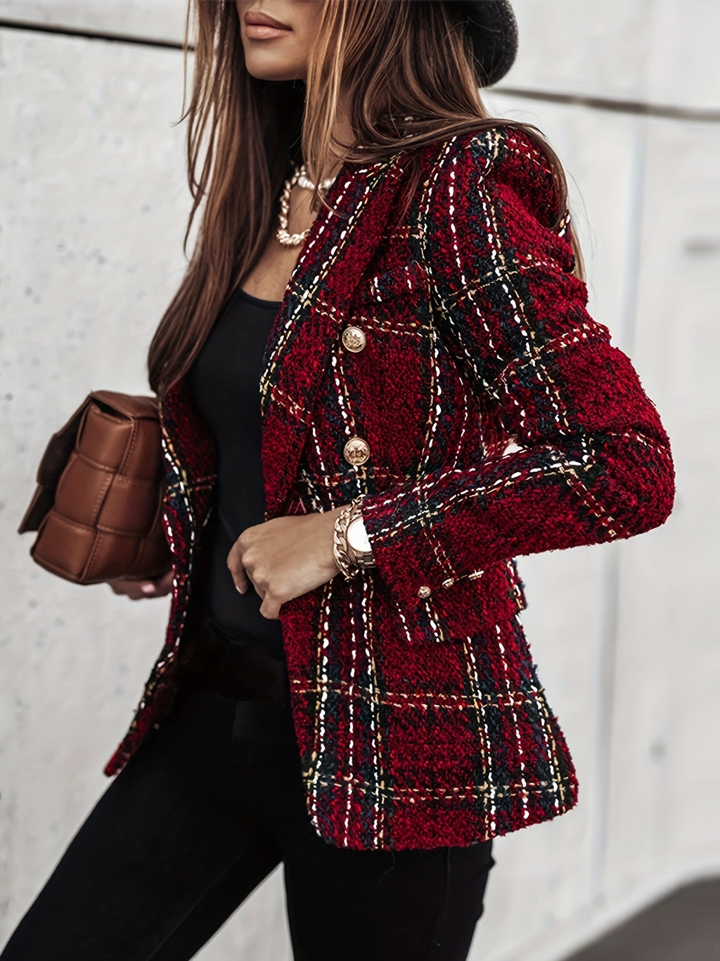 Geneviève | Blazer croisé - Élégant manteau en tweed à carreaux et manches longues, idéal pour le bureau et le travail, Vêtements pour femmes