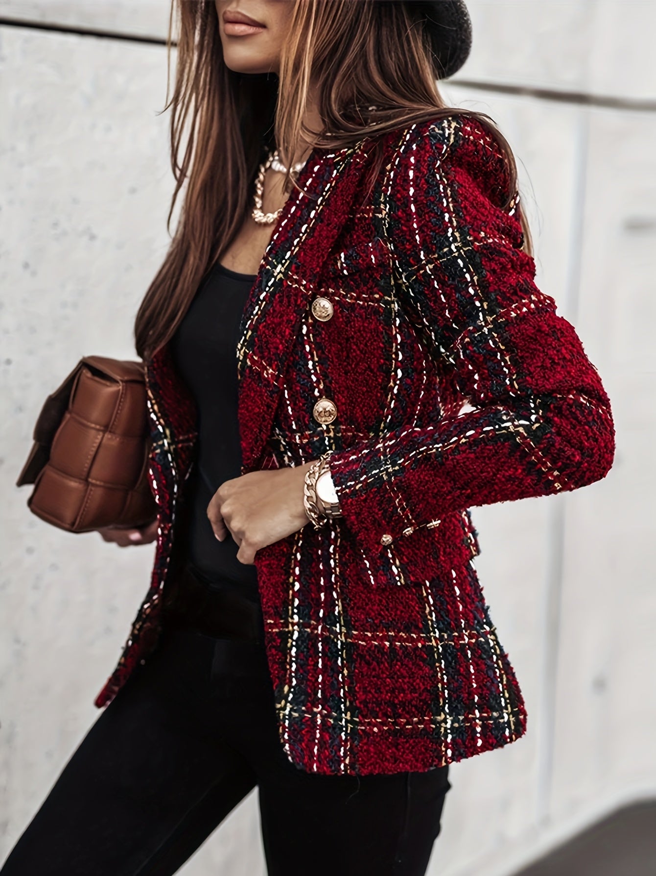 Geneviève | Blazer croisé - Élégant manteau en tweed à carreaux et manches longues, idéal pour le bureau et le travail, Vêtements pour femmes