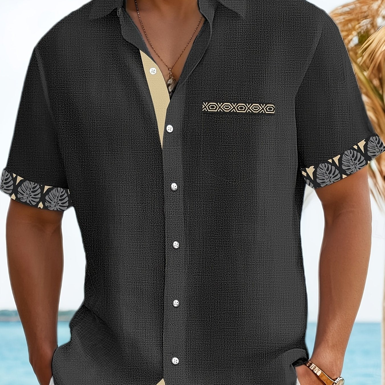 Wrenz | Herenoverhemd met patchworkprint – Casual overhemd met korte mouwen, revers en borstzak