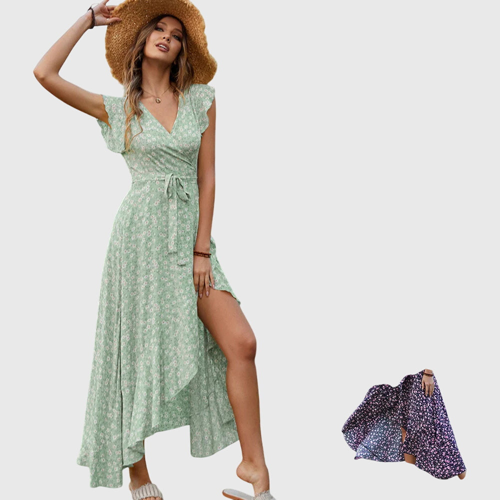 Alisande | Mouwloze bloemenjurk met V-hals en strikceintuur, casual damesjurk