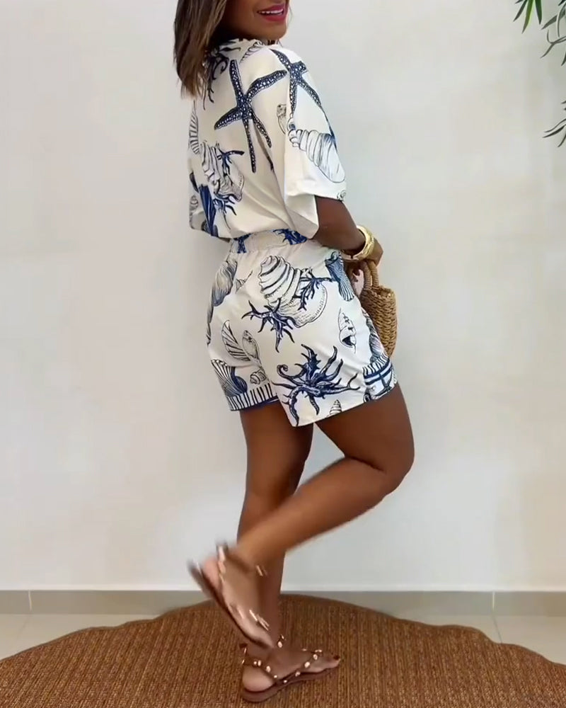 Lyrithia | Jumpsuit met V-hals en strandprint voor dames – Korte zomerjumpsuit