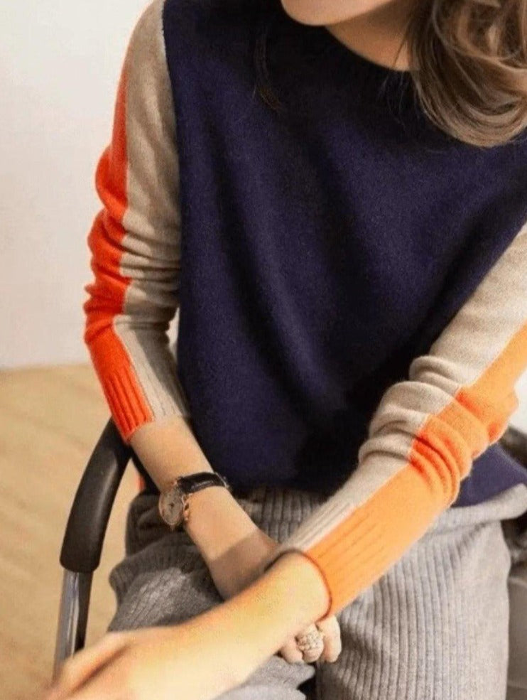 Zelyra | Dames Retro Gestreepte Gebreide Trui – Marineblauw en Oranje, Casual Pullover
