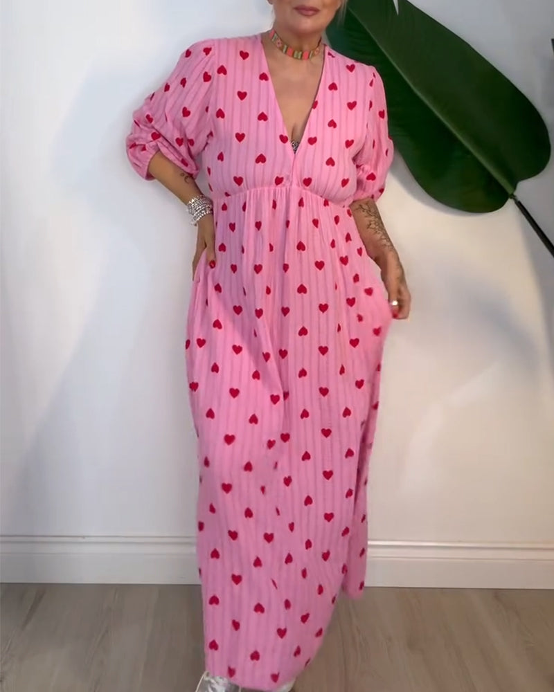 Fexina | Maxi-jurk met hartjesprint voor dames – V-hals, zwierige casual zomeroutfit