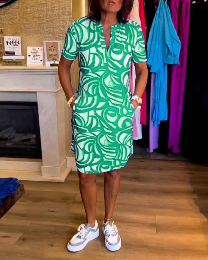 Ainsley | Geprinte jurk met korte mouwen voor dames – casual zomerse jurk met zakken