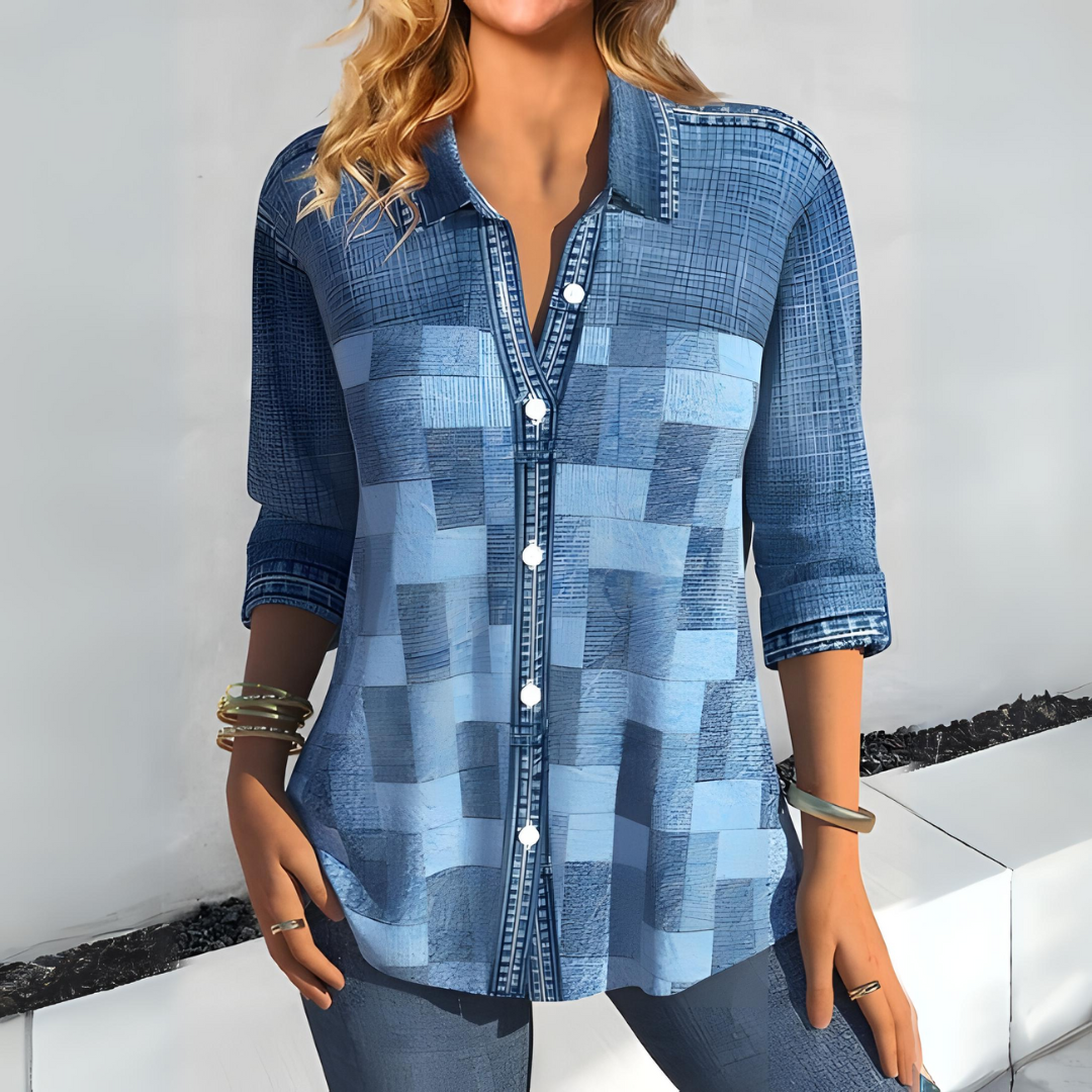 Haedra | Geruit overhemd met knoopsluiting - geruite top met 3/4 mouwen voor dames, casual blouse met geruite print