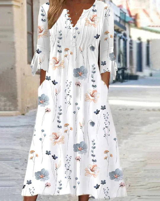 Norelle | Elegante midi-jurk met bloemenprint – Damesjurk met 3/4-mouwen en zakken