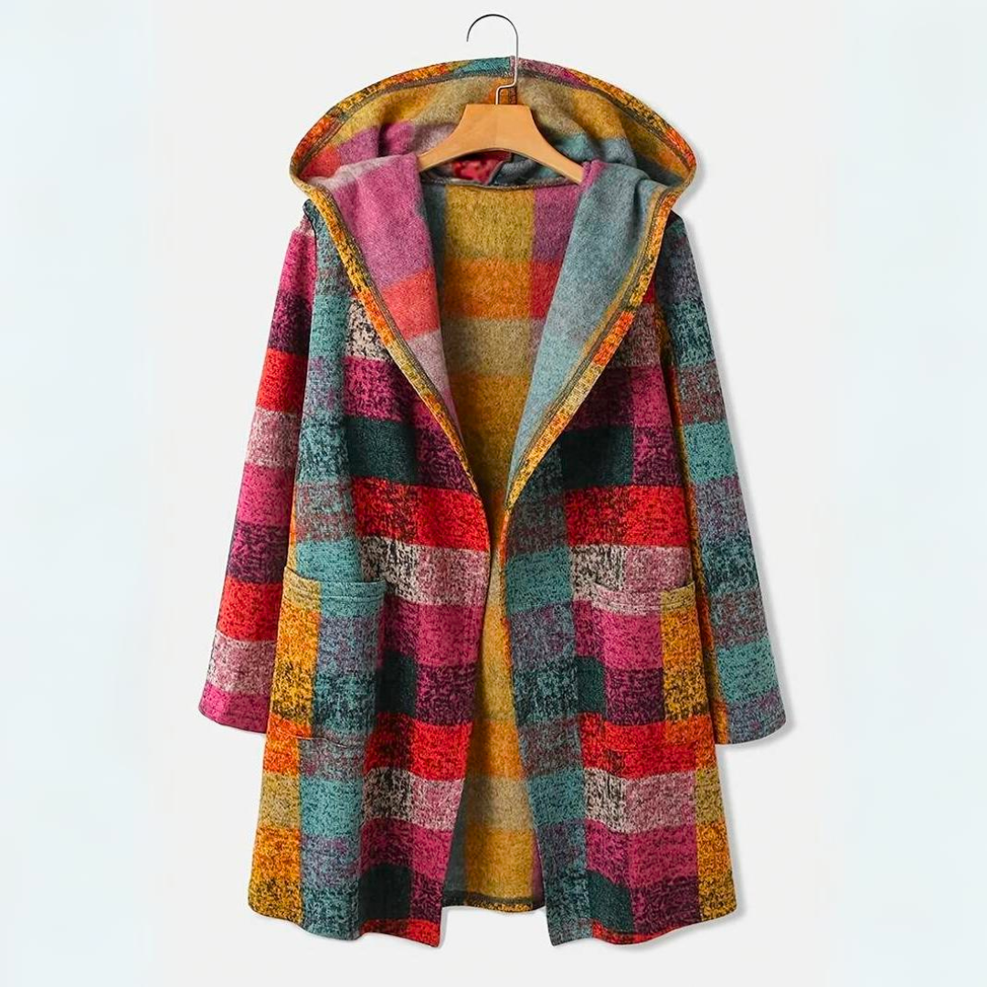 Sorynna | Gilet à capuche oversize à carreaux pour femme – Gilet multicolore ouvert sur le devant