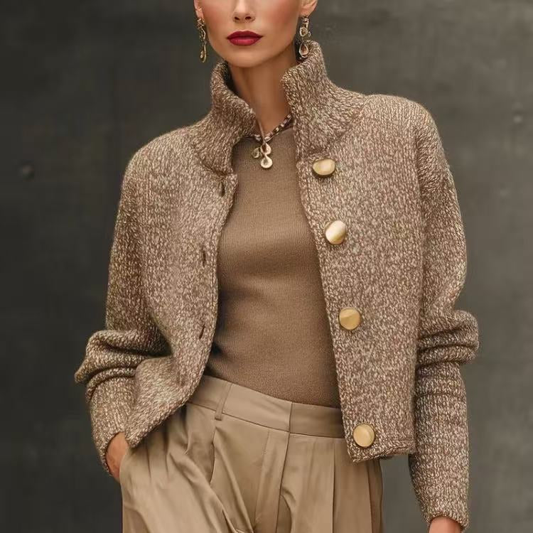 Odette | Damesjasje van wolmix – hoge kraag, knoopsluiting, cropped, herfst-winterjast