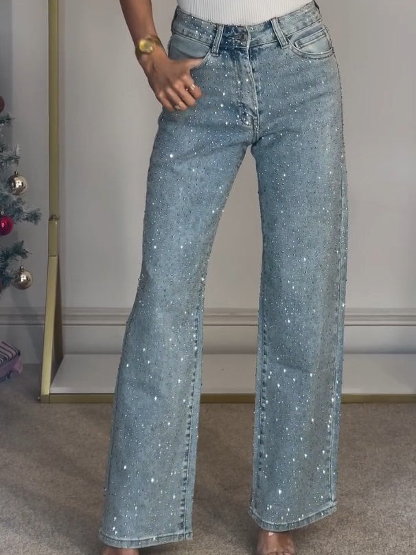 Pryella | Dames Jeans met Wijde Pijpen en Subtiele Pailletten-Glans – Glamoureuze Denim Broek