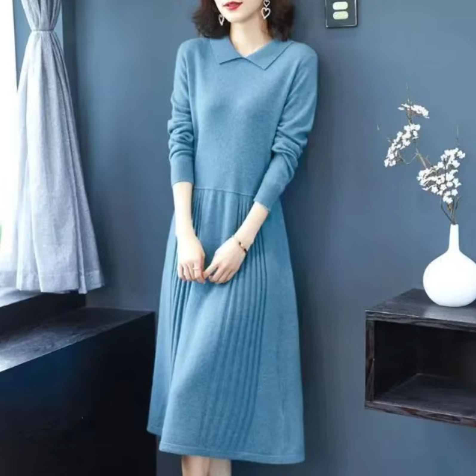 Saki | Dames gebreide jurk met kraag – Elegante geribde knit midi jurk