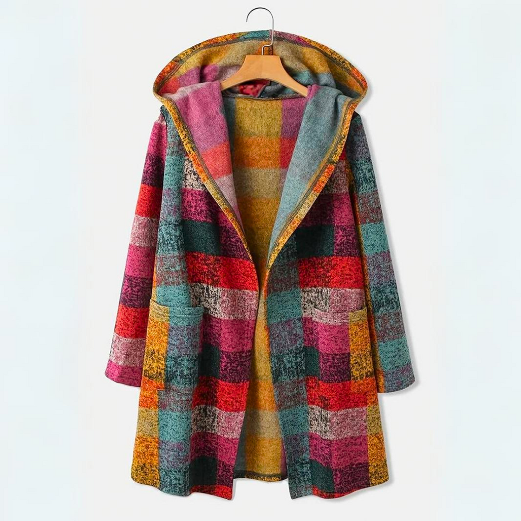 Sorynna | Gilet à capuche oversize à carreaux pour femme – Gilet multicolore ouvert sur le devant