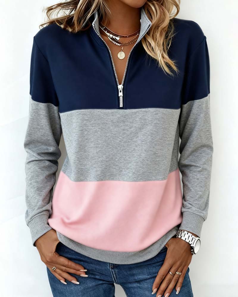 Ghalia | Dames sweatshirt met halve rits en kleurblokken – Casual pullover van katoenmix