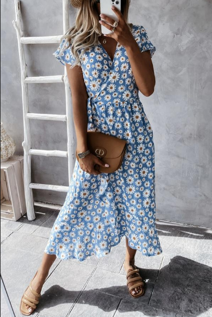 Vaisha | Midi-jurk met bloemenprint voor dames – Zomerse jurk met levendige madeliefjesprint