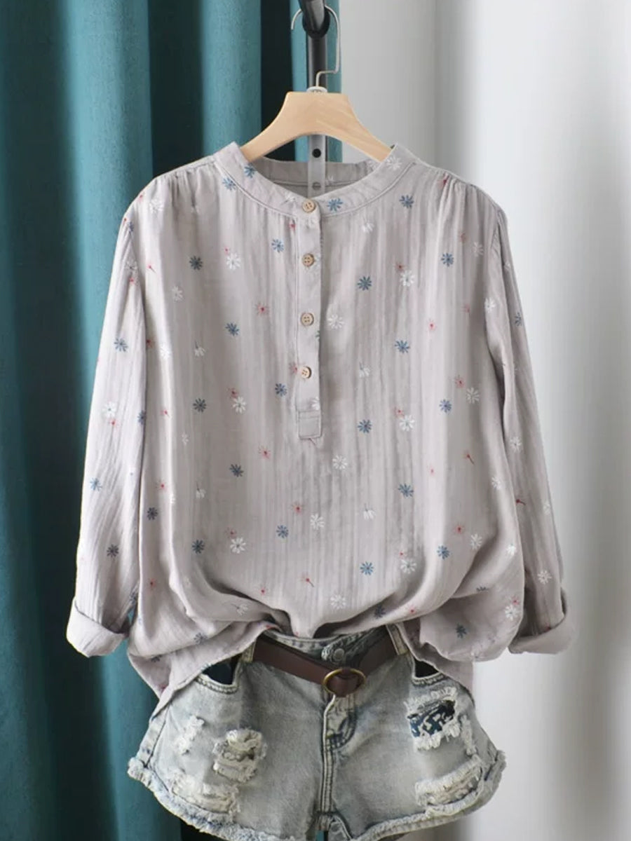 Kynara | Lente-top met bloemenprint voor dames in grote maten – Blouse met opstaande kraag