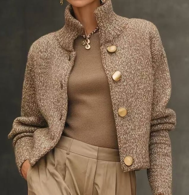 Odette | Damesjasje van wolmix – hoge kraag, knoopsluiting, cropped, herfst-winterjast