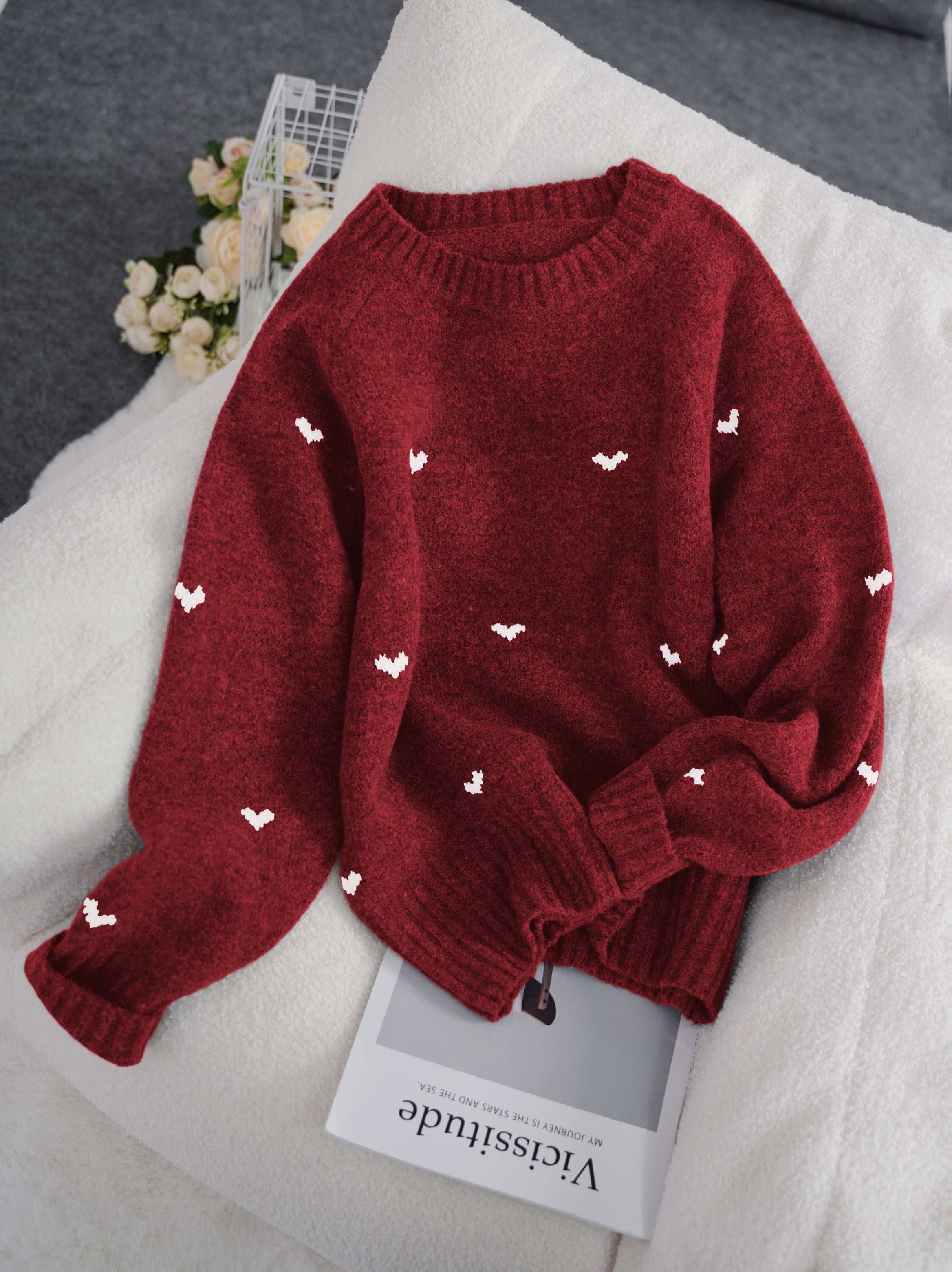 Solenne | Dames trui met hartjespatroon – Minimalistische gebreide pullover, ronde hals, losse pasvorm