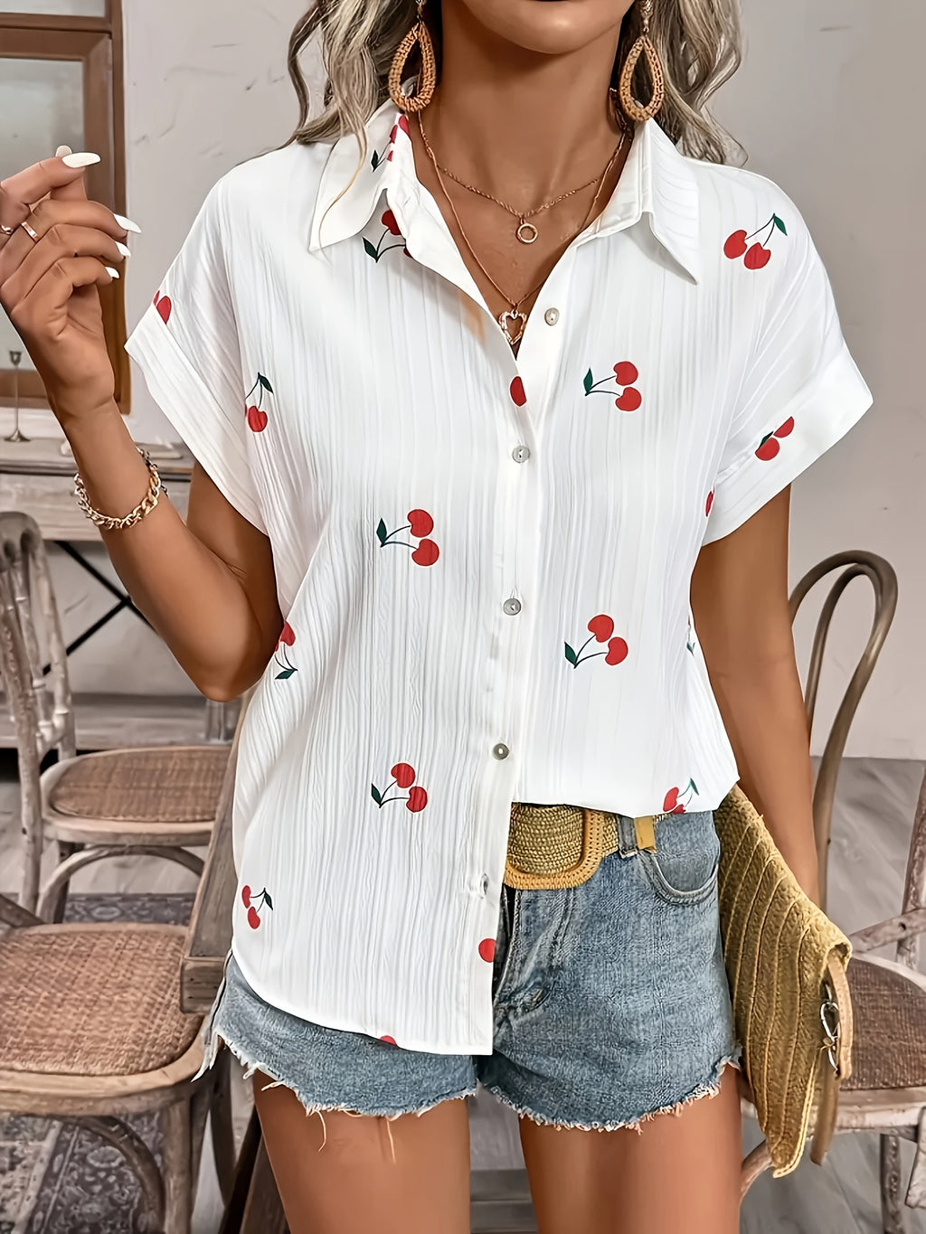 Azmara | Damesblouse met kersenprint – Overhemd met korte mouwen en knoopsluiting