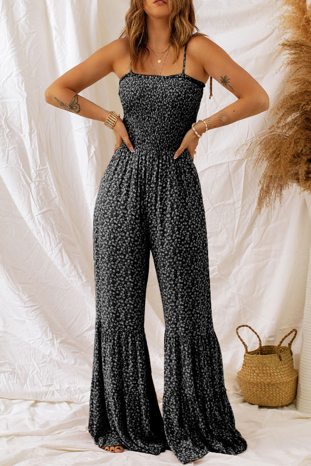 Tahlia | Bloemenjumpsuit voor dames, gesmokt lijfje, spaghettibandjes, wijde pijpen, zomerse casual outfit