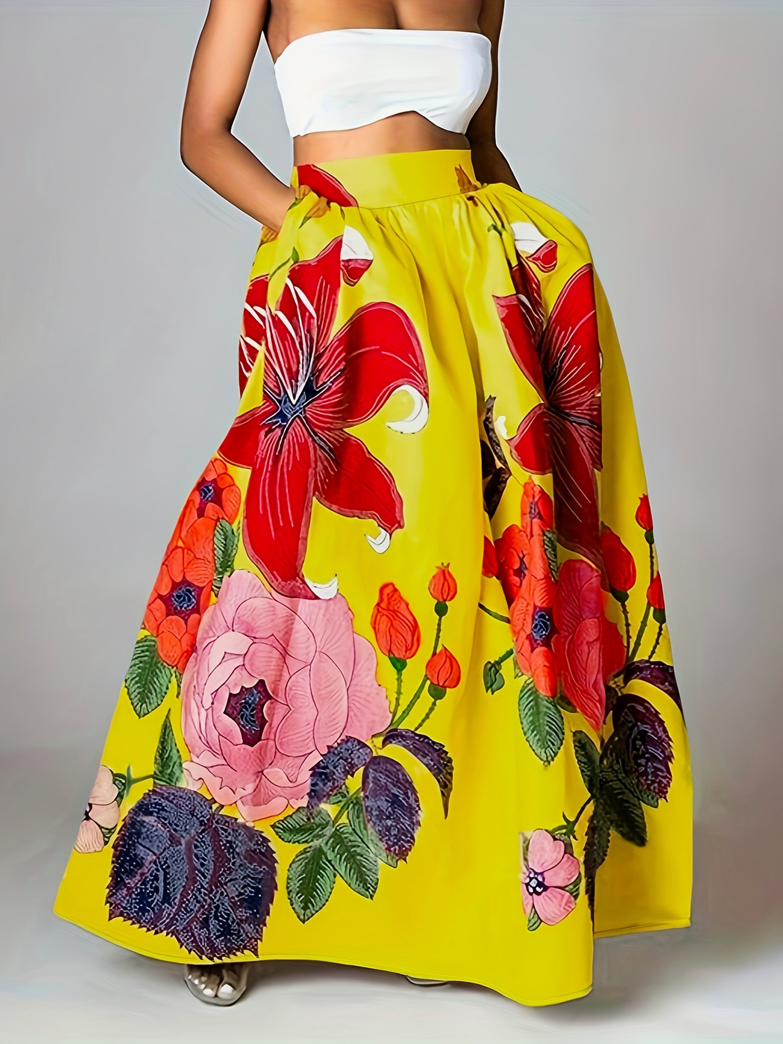 Agata | Bloemenprint Hoge Taille Maxi Rok met Zakken - Elastische A-lijn Rok